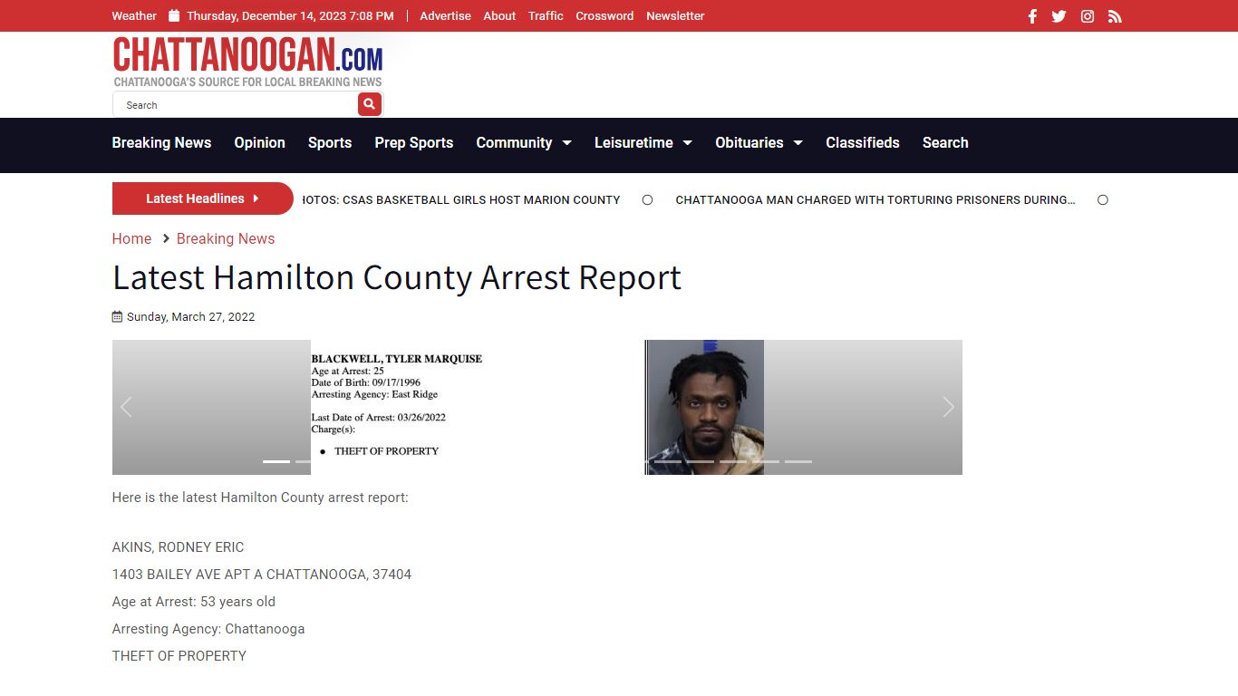 Latest Hamilton County Arrest Report - Chattanoogan.com